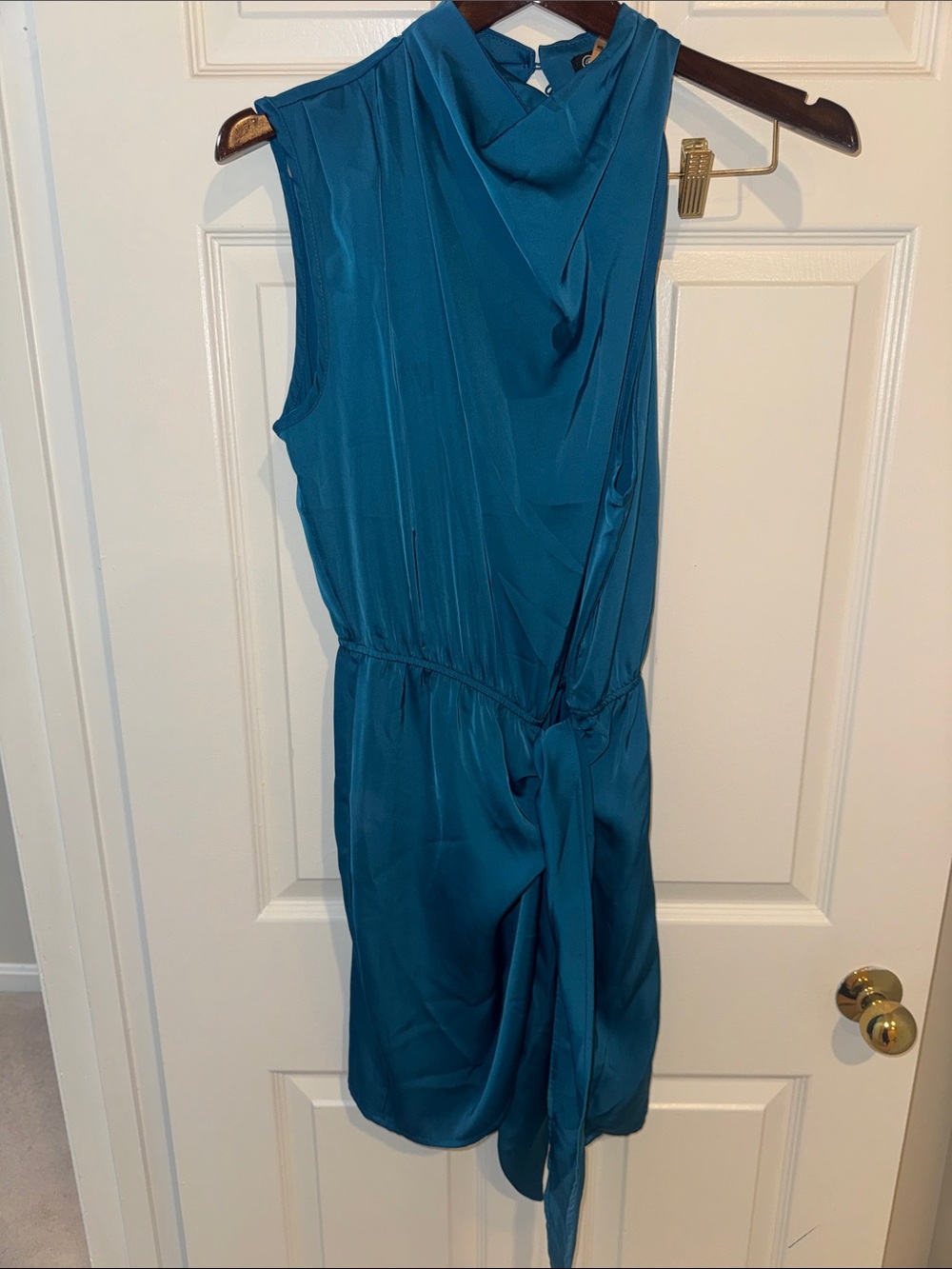 Sleeveless Teal Draped Tie-Waist Dress